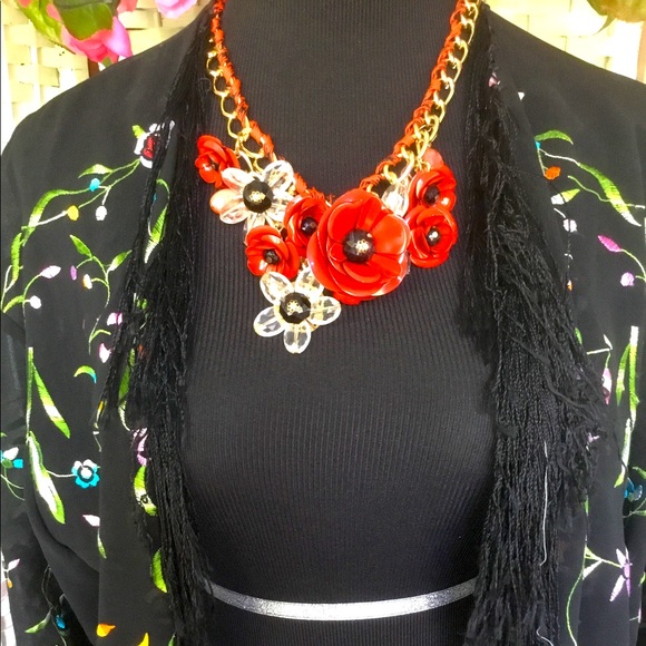 Jewelry - ❤️🌺 Red Metal Crystal Floral Chunky Bib Statement Necklace Flower GUC ❤️🌺